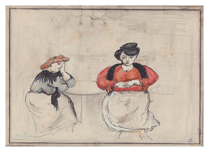 Deux femmes au Caf, 
a drawing by Jules PASCIN